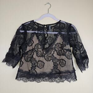 Anthropologie Sheer Short-Sleeve Lace Illusion Top Size XS